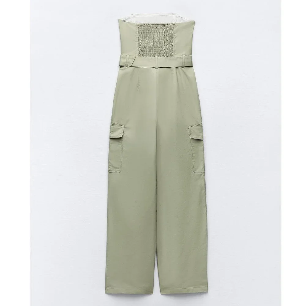 BLOGGER'S FAVE! Zara Wide Strapless Leg Jumpsuit Light Khaki NWT